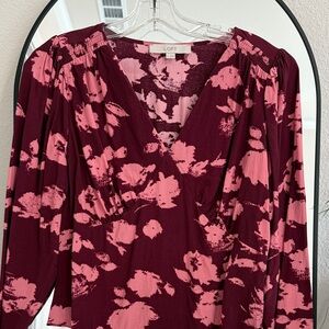 LOFT Burgundy and Pink Floral Blouse